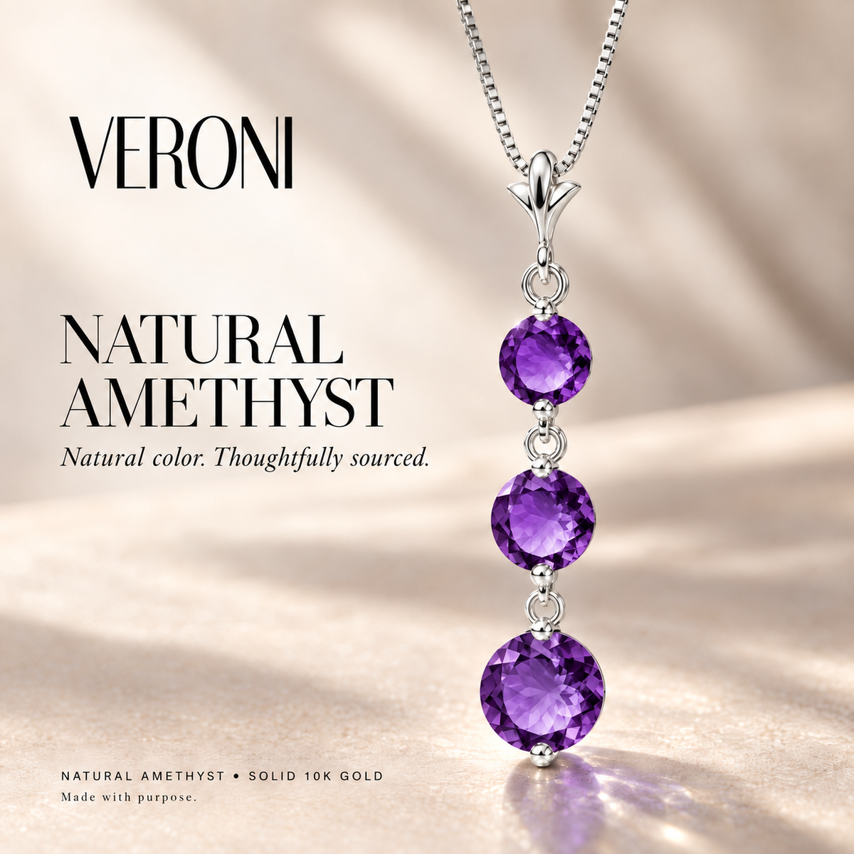 White Gold Provvidenza natural amethyst necklace, in a VERONI campaign.