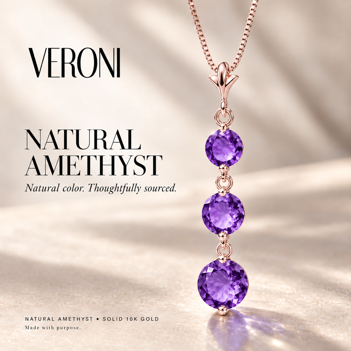 Rose Gold Provvidenza natural amethyst necklace, in a VERONI campaign.