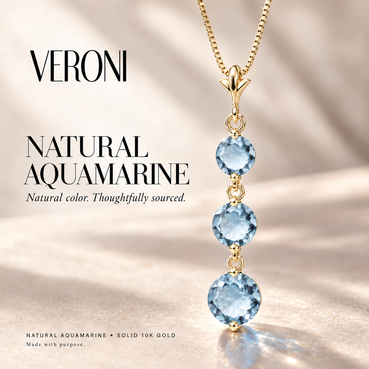 Yellow Gold Provvidenza natural aquamarine necklace, in a VERONI campaign.