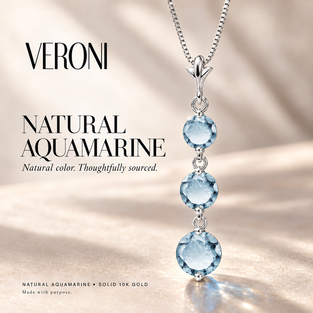 White Gold Provvidenza natural aquamarine necklace, in a VERONI campaign.