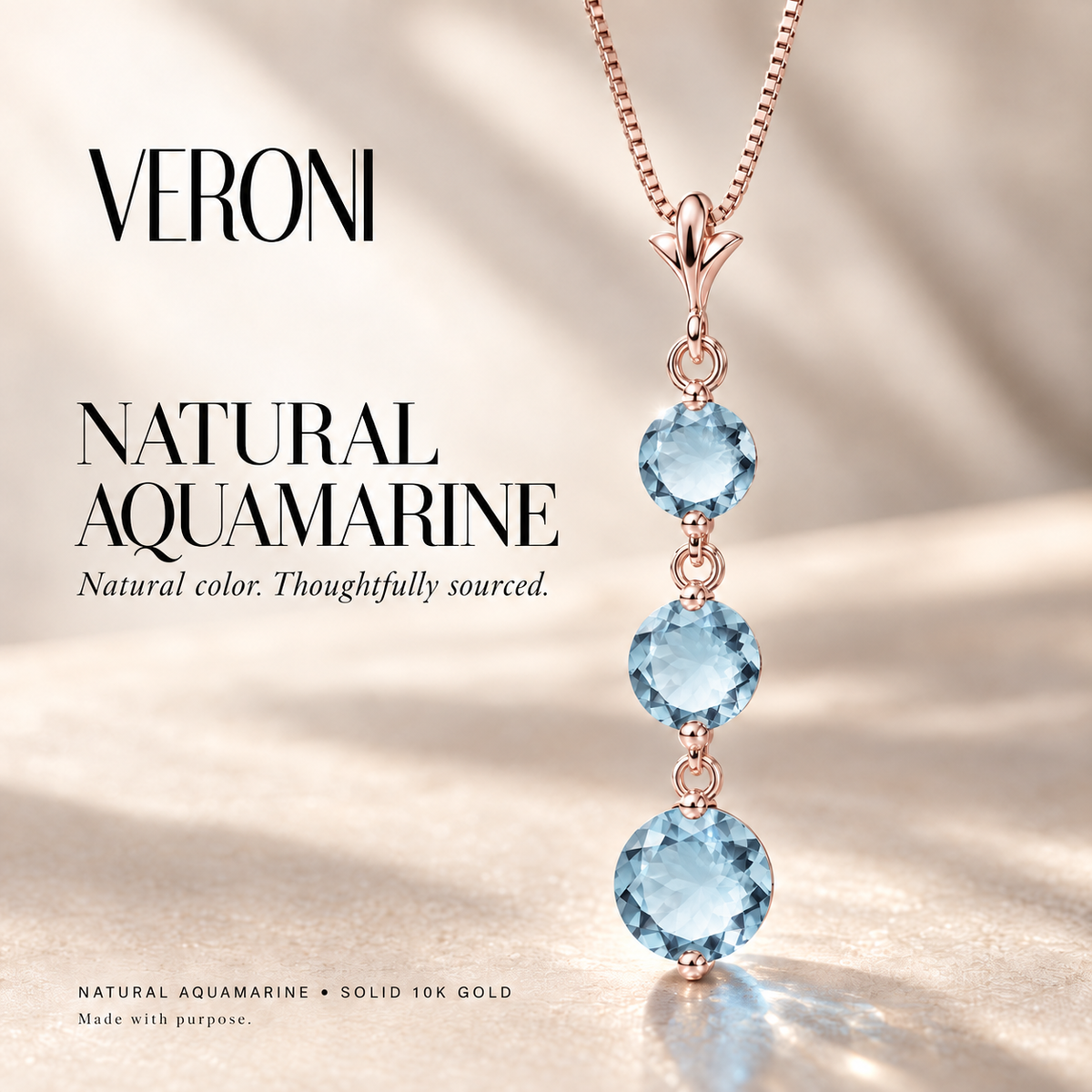 Rose Gold Provvidenza natural aquamarine necklace, in a VERONI campaign.