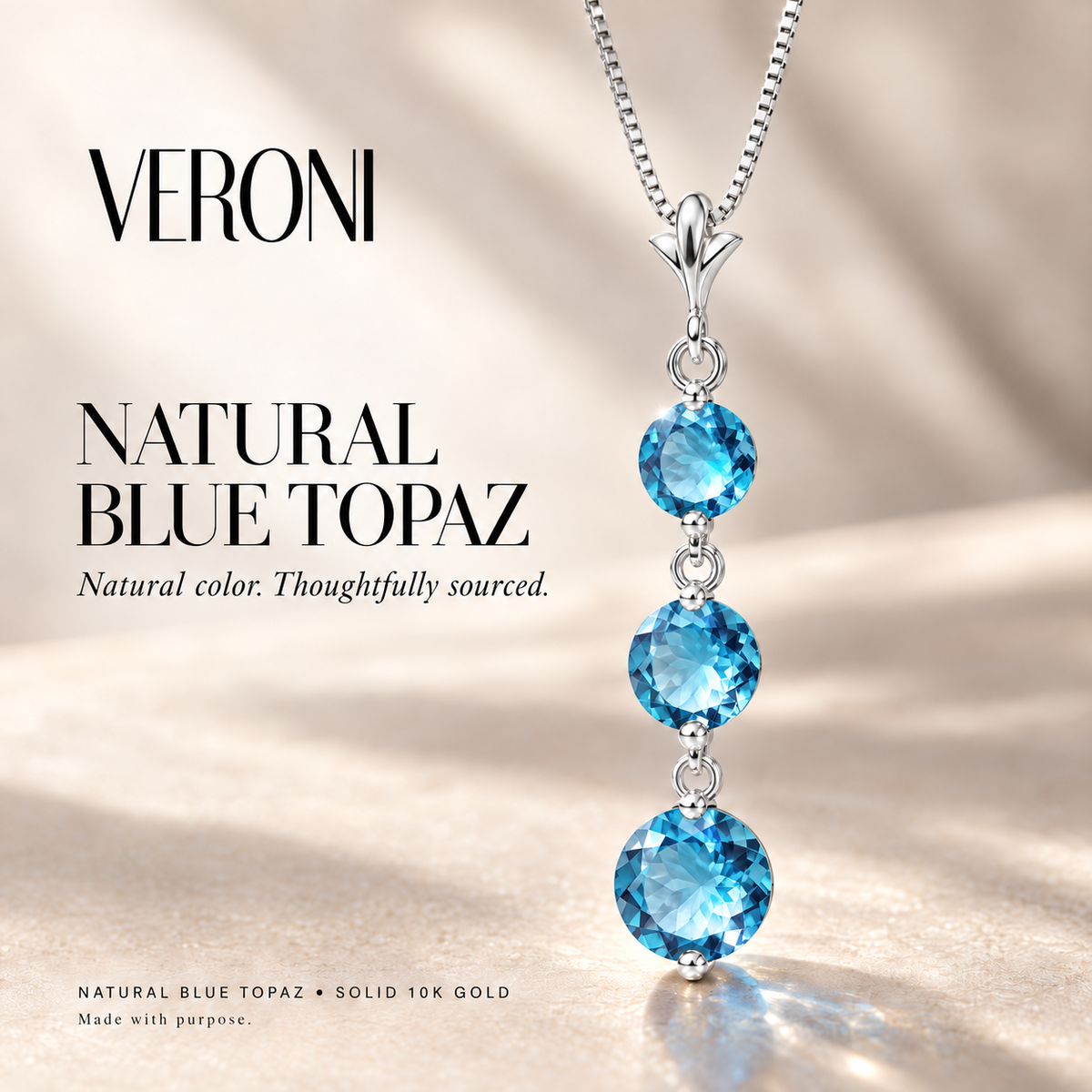 White Gold Provvidenza natural blue topaz necklace, in a VERONI campaign.