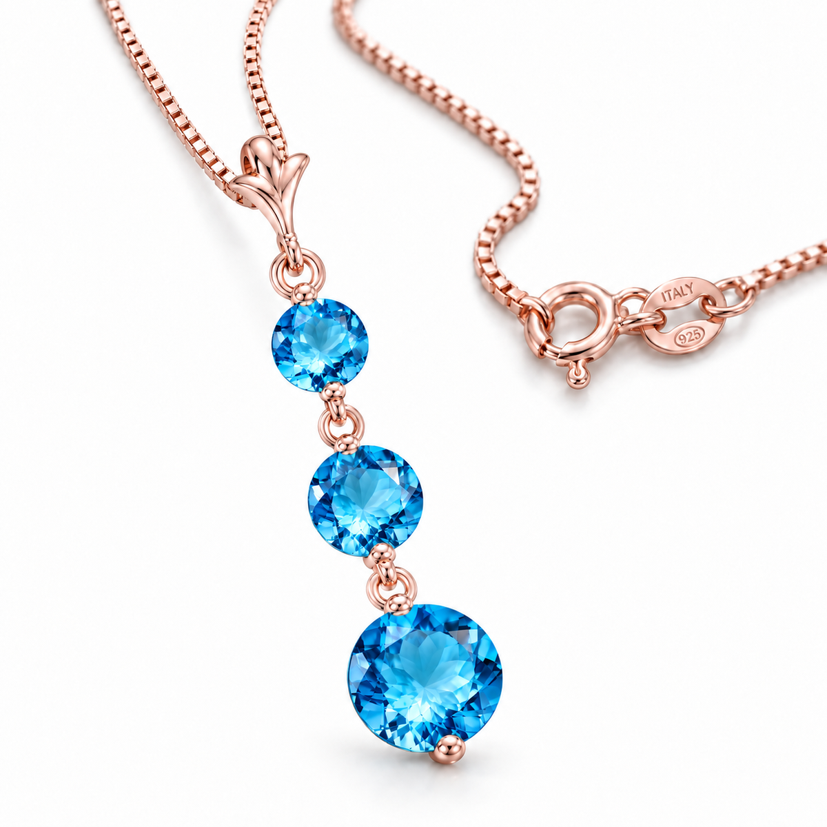 Rose Gold Provvidenza natural blue topaz necklace, shown with chain and clasp detail.