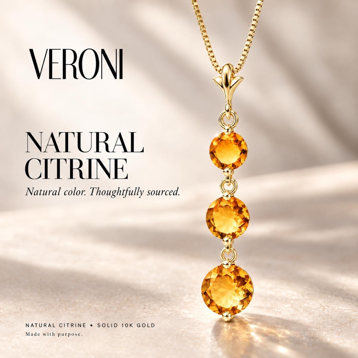 Yellow Gold Provvidenza natural citrine necklace, in a VERONI campaign.