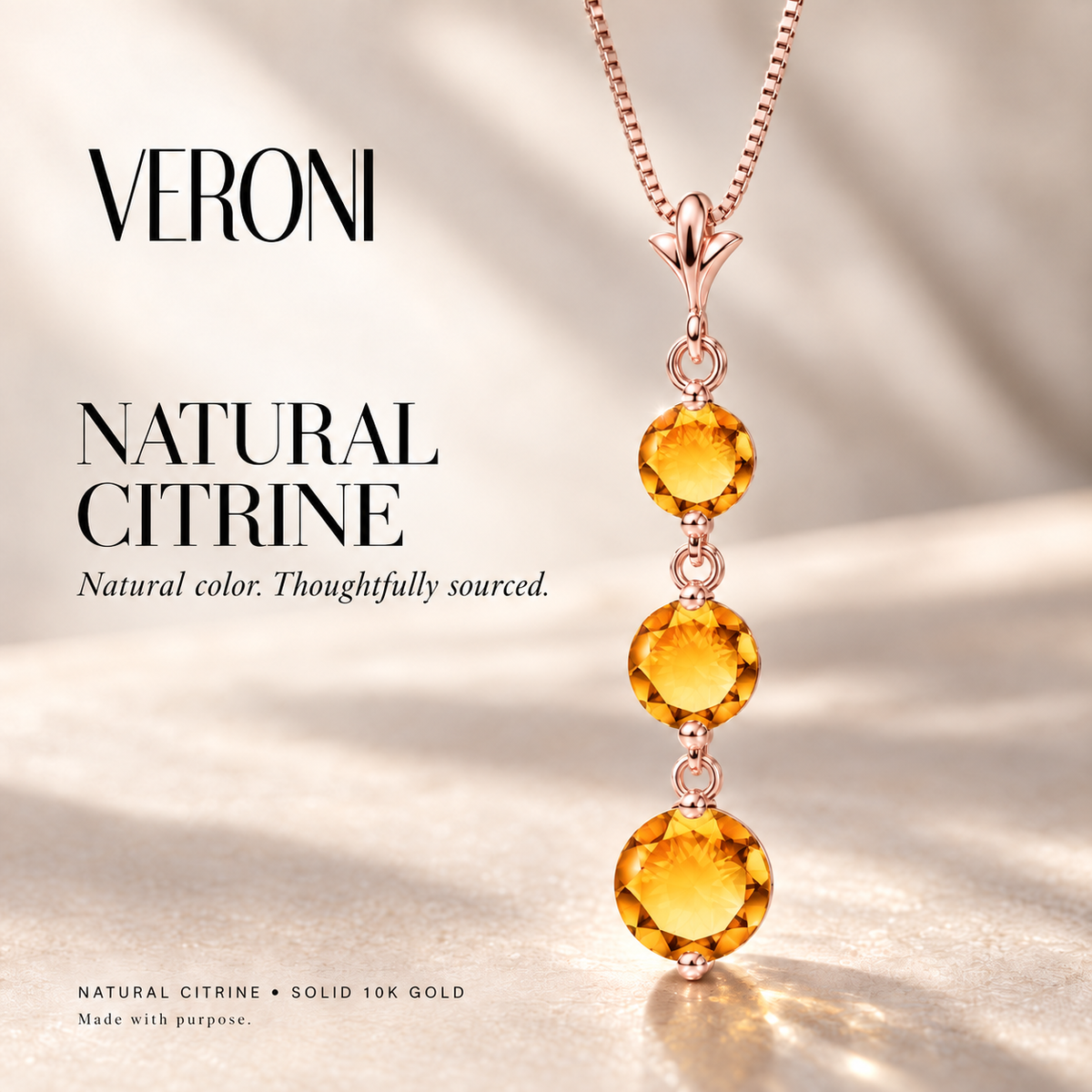 Rose Gold Provvidenza natural citrine necklace, in a VERONI campaign.