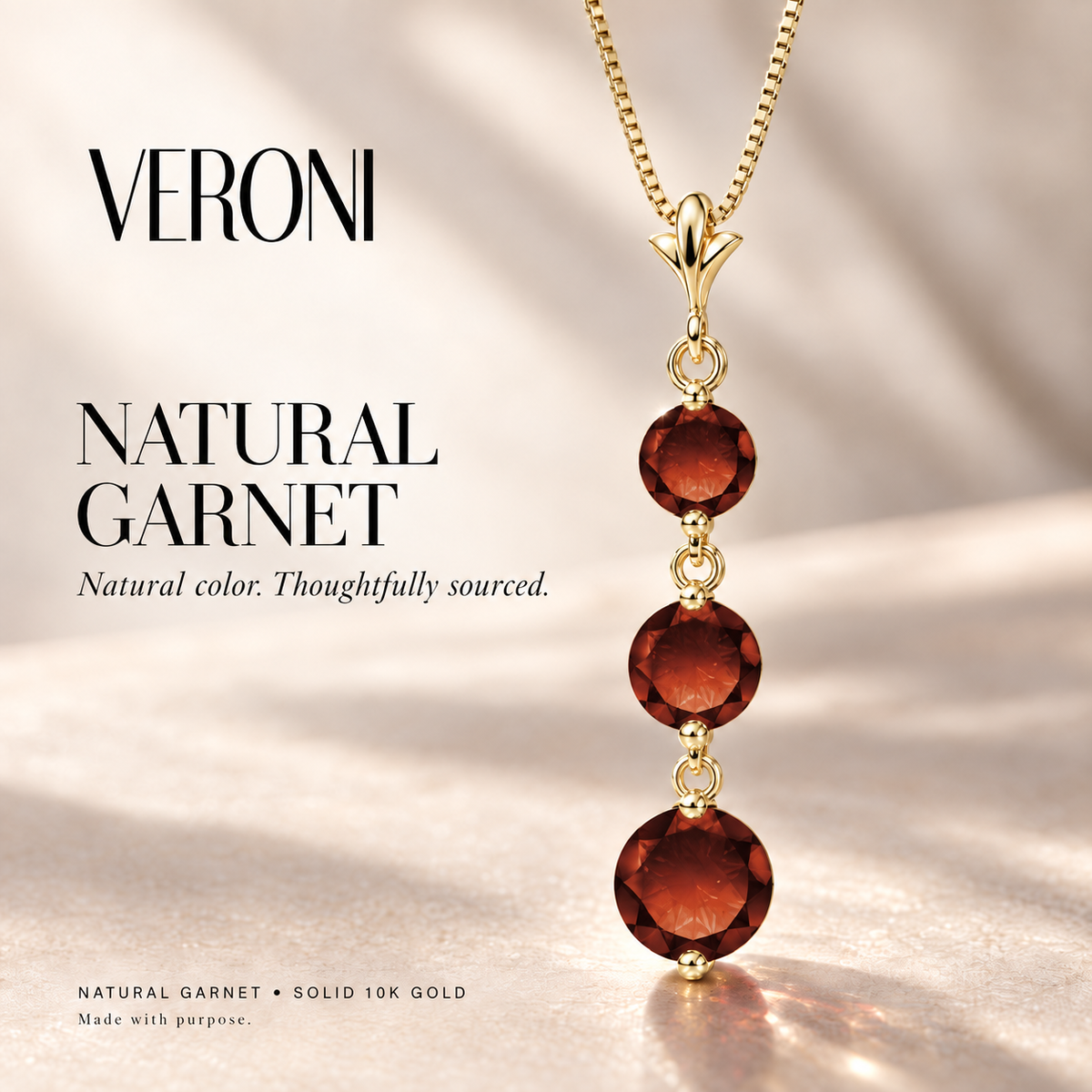 Yellow Gold Provvidenza natural garnet necklace, in a VERONI campaign.