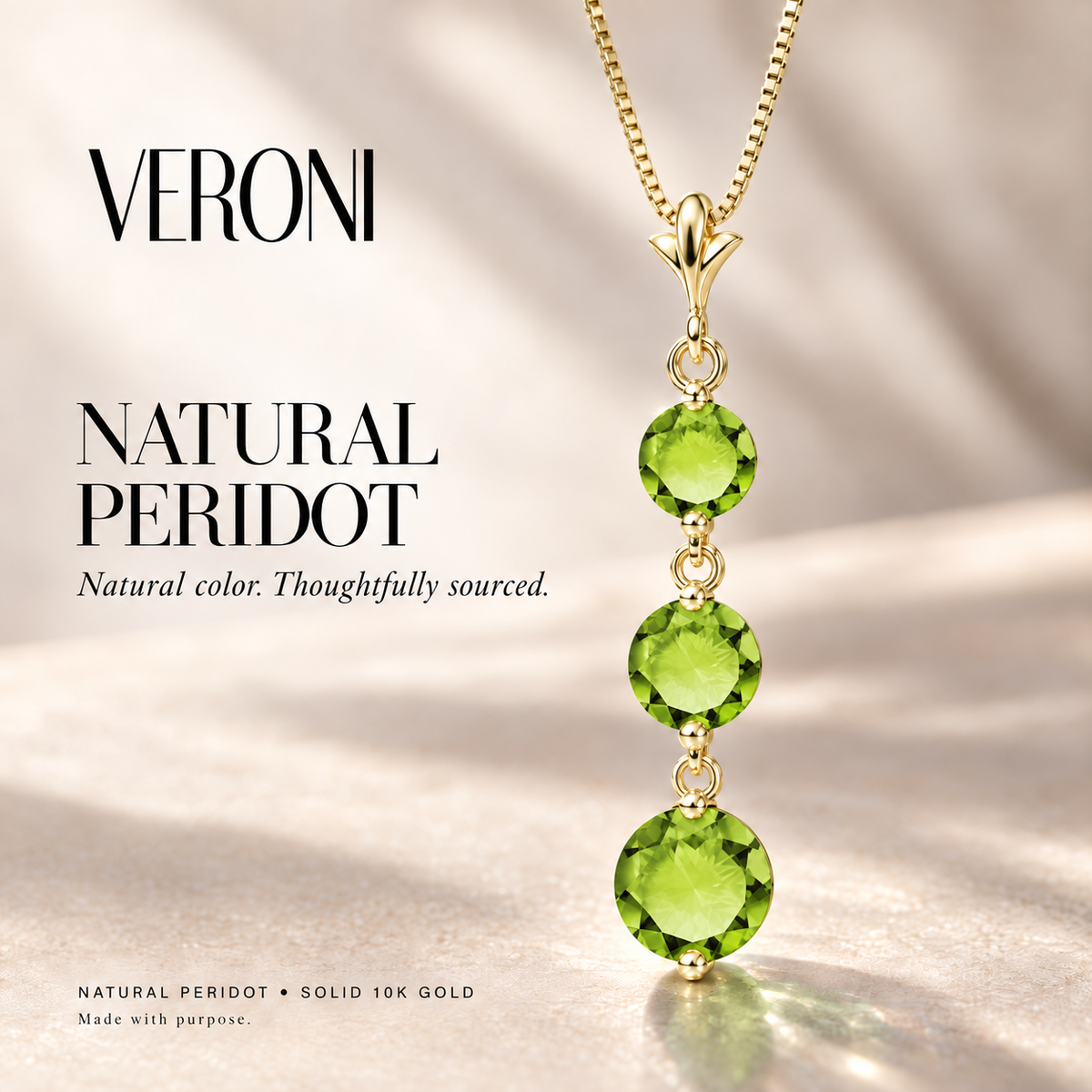 Yellow Gold Provvidenza natural peridot necklace, in a VERONI campaign.