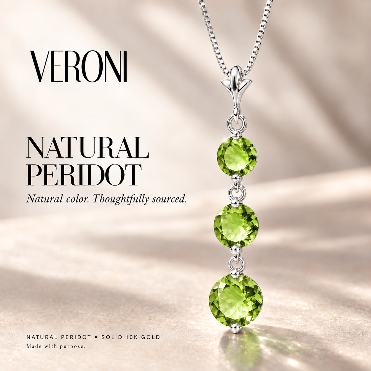 White Gold Provvidenza natural peridot necklace, in a VERONI campaign.