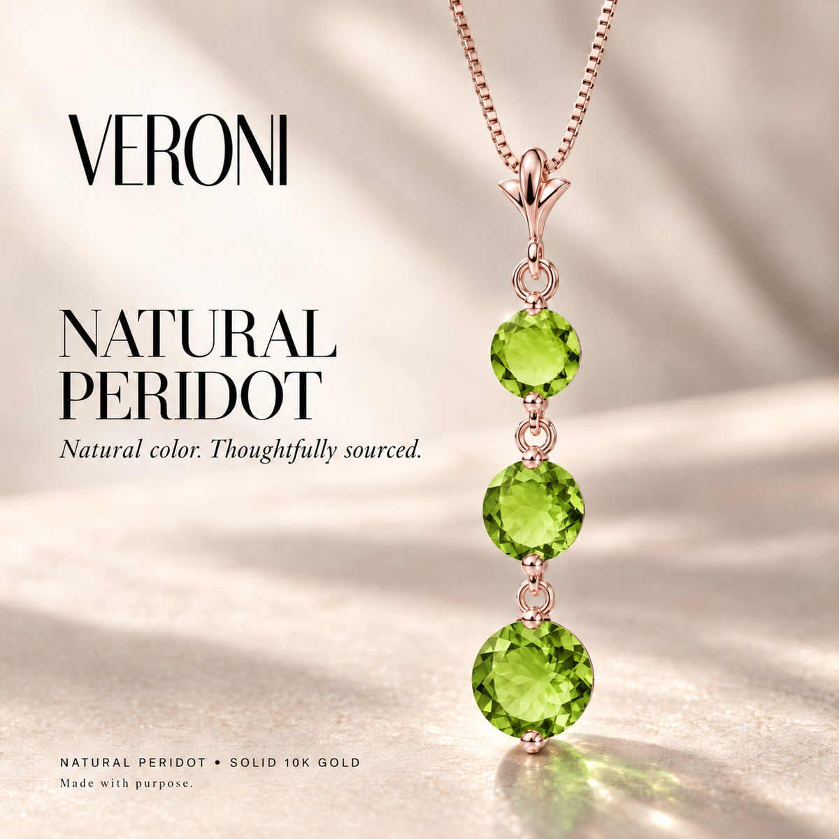 Rose Gold Provvidenza natural peridot necklace, in a VERONI campaign.