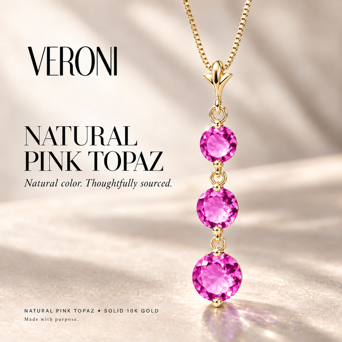 Yellow Gold Provvidenza natural pink topaz necklace, in a VERONI campaign.