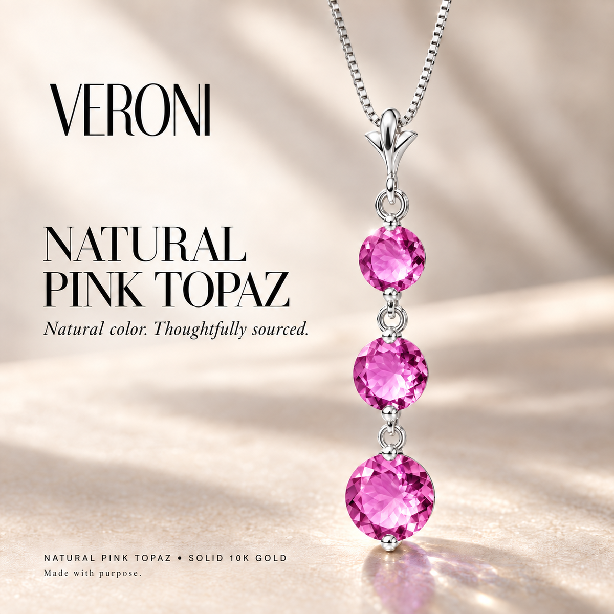 White Gold Provvidenza natural pink topaz necklace, in a VERONI campaign.
