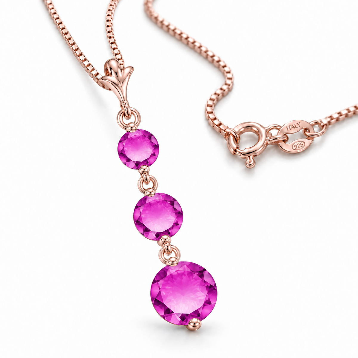 Rose Gold Provvidenza natural pink topaz necklace, shown with chain and clasp detail.