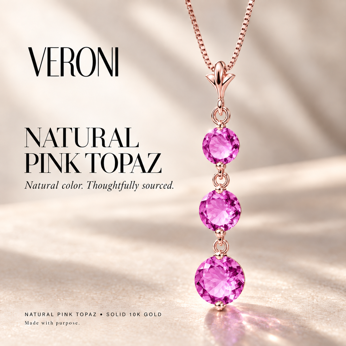 Rose Gold Provvidenza natural pink topaz necklace, in a VERONI campaign.