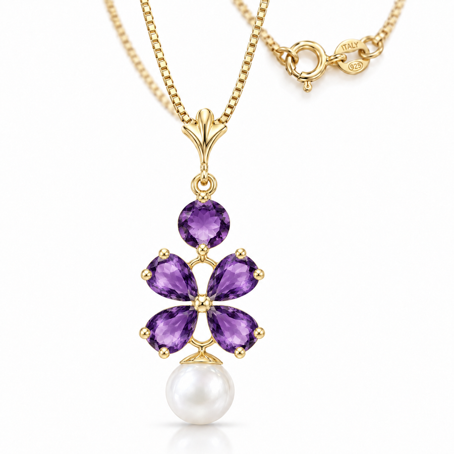 Yellow Gold Catena natural pearl and natural amethyst necklace, shown with chain and clasp detail.