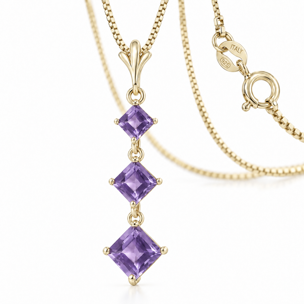 Yellow Gold Pia natural amethyst necklace, shown with chain and clasp detail.