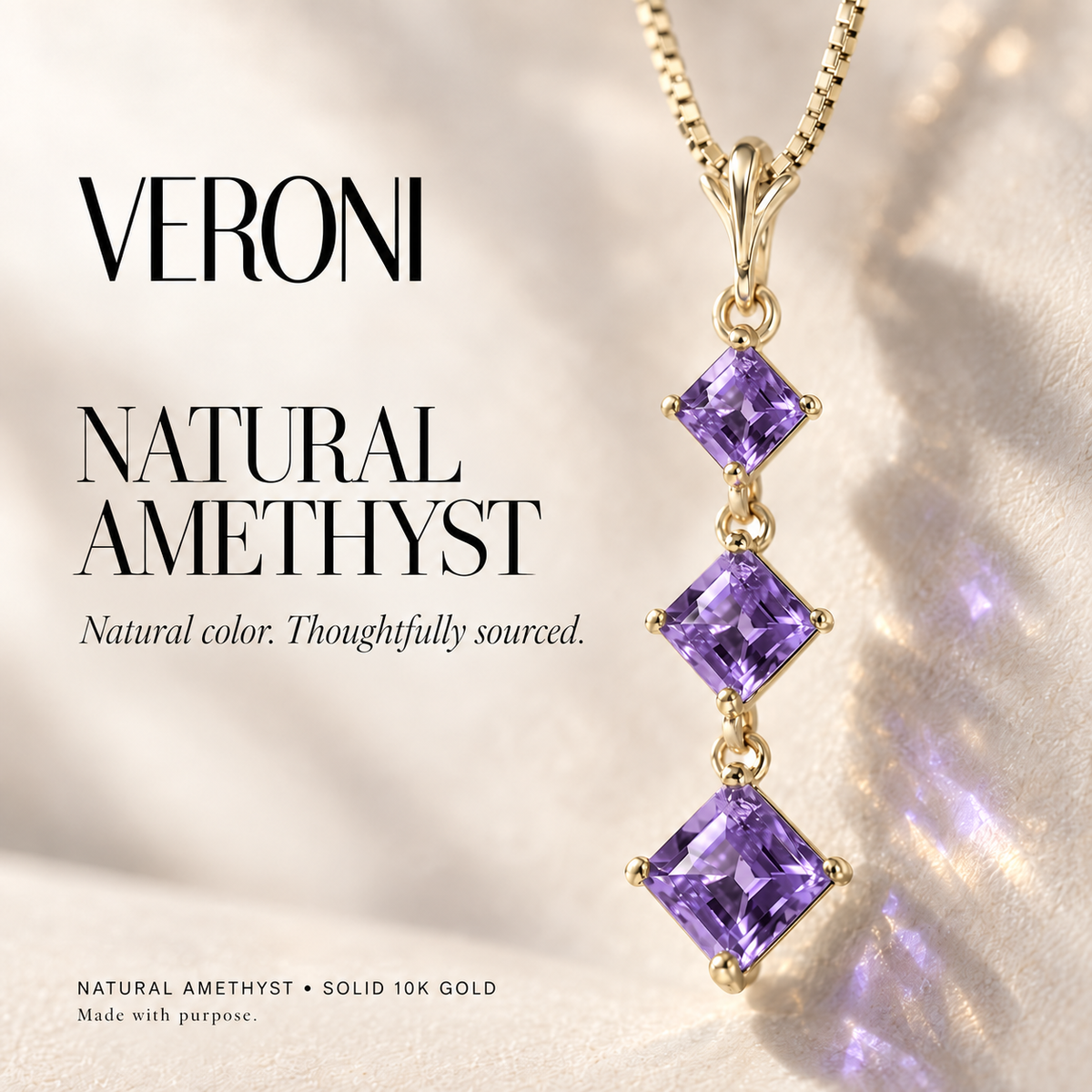 Yellow Gold Pia natural amethyst necklace, in a VERONI campaign.