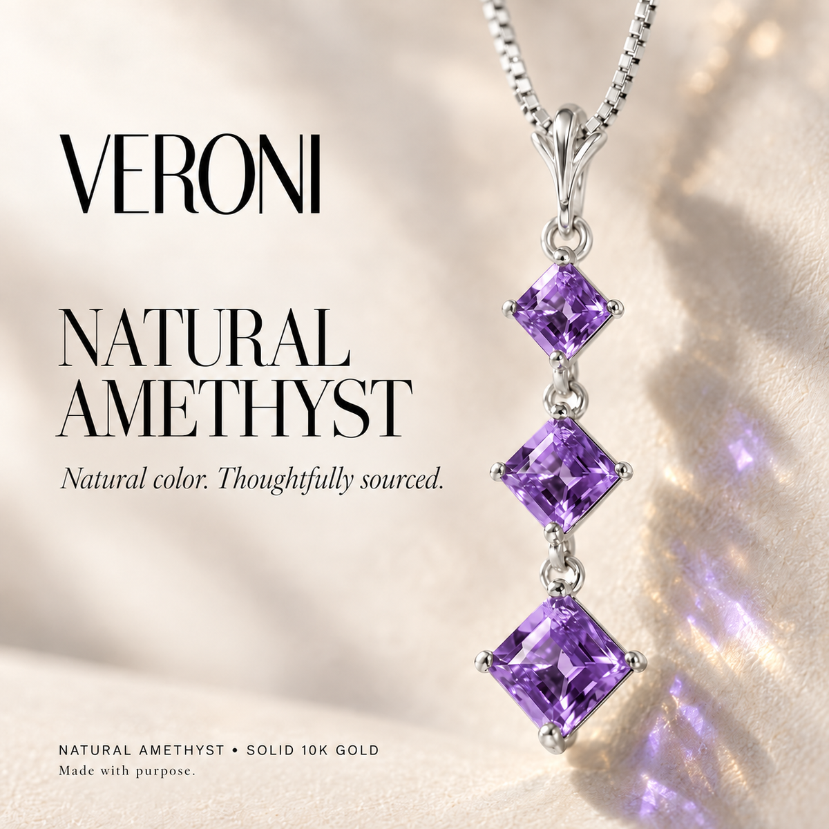 White Gold Pia natural amethyst necklace, in a VERONI campaign.