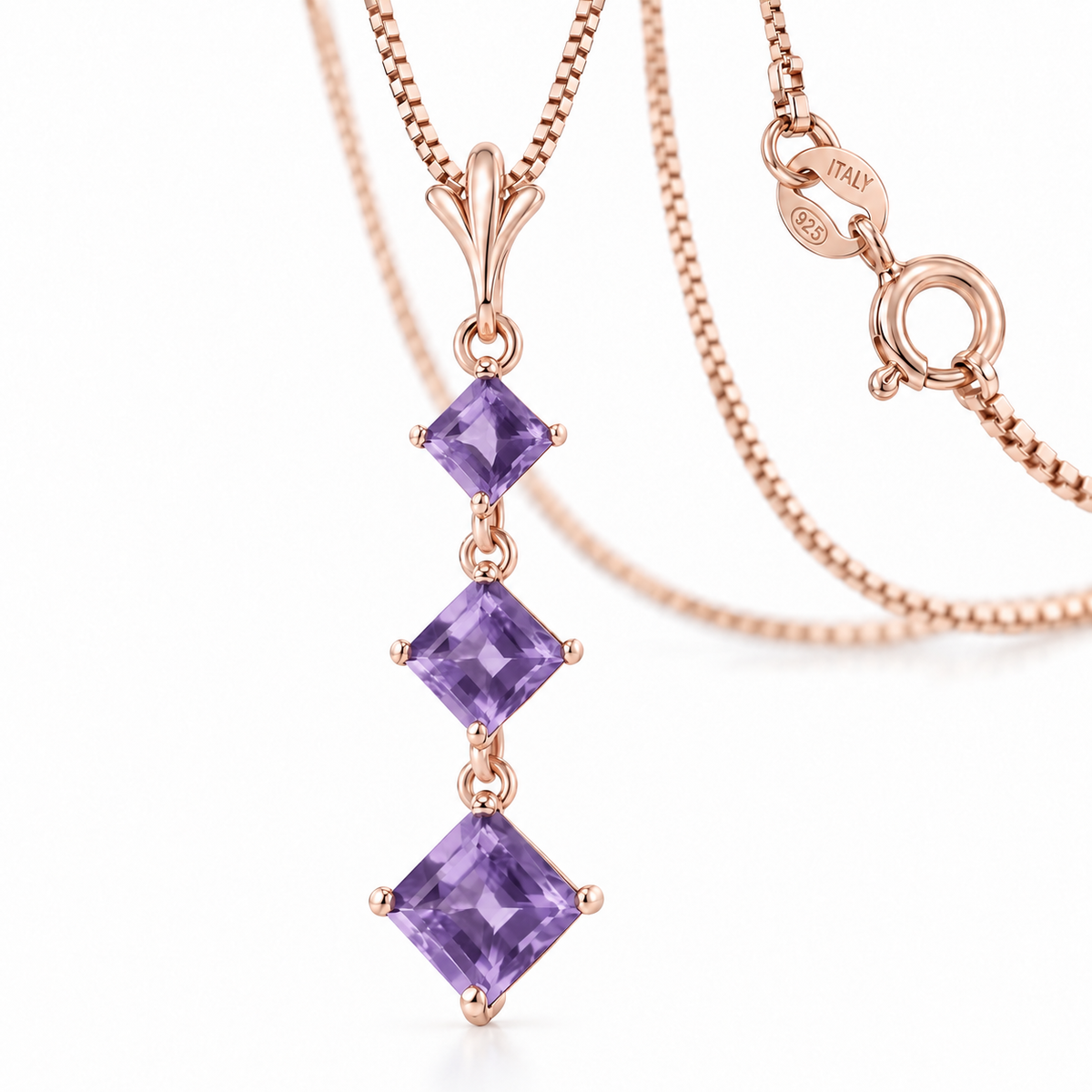 Rose Gold Pia natural amethyst necklace, shown with chain and clasp detail.