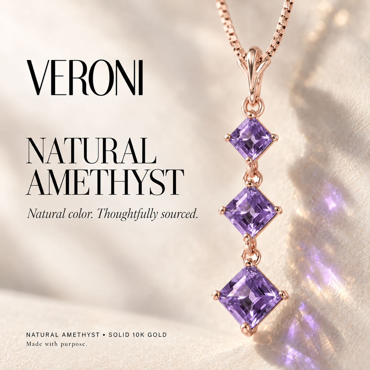 Rose Gold Pia natural amethyst necklace, in a VERONI campaign.