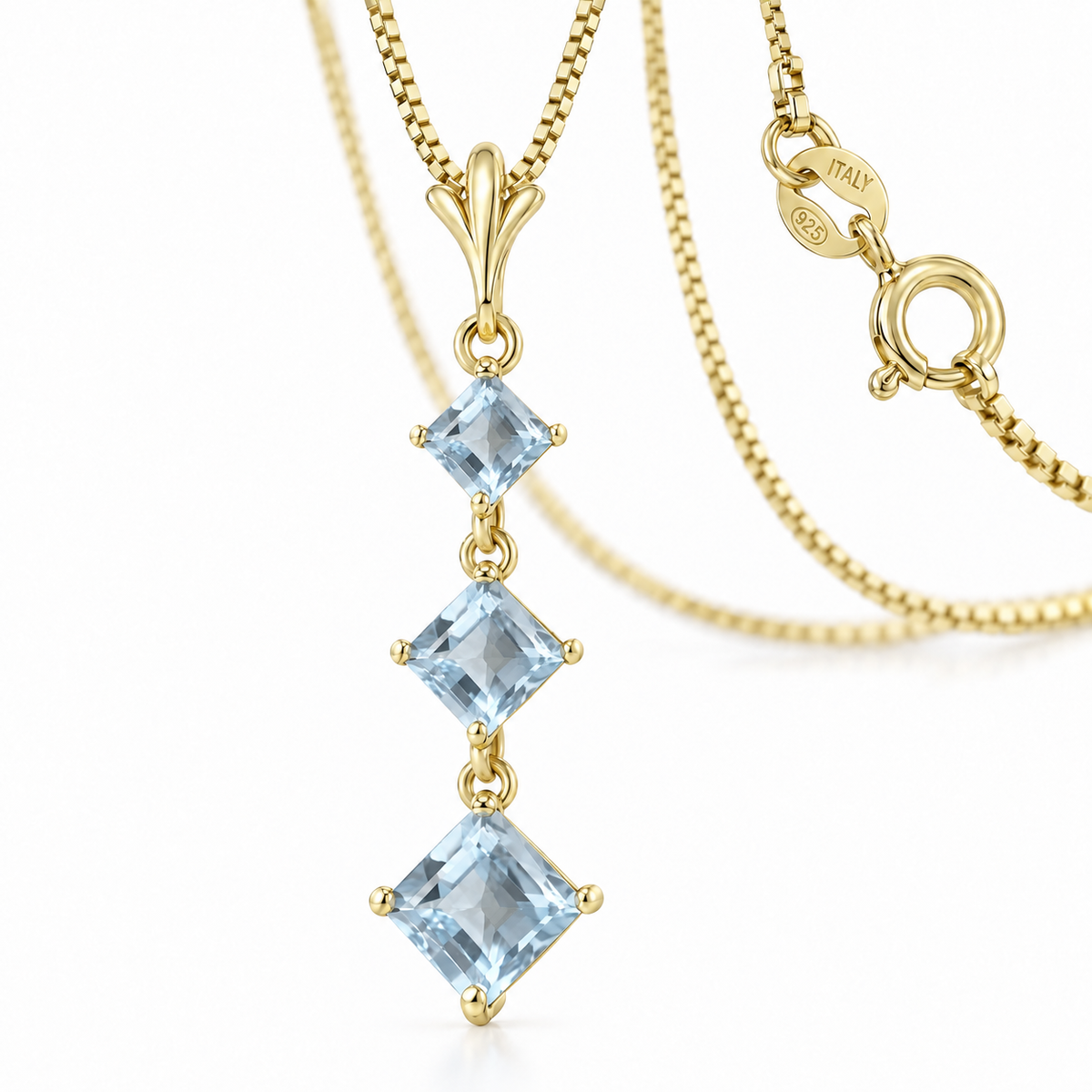 Yellow Gold Pia natural aquamarine necklace, shown with chain and clasp detail.