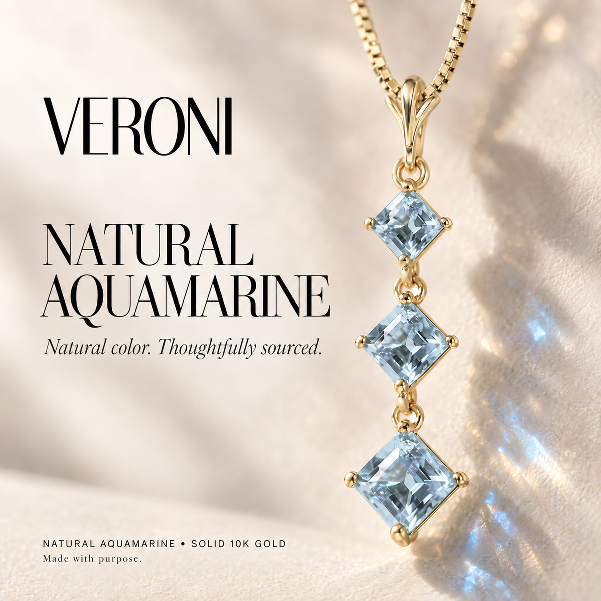 Yellow Gold Pia natural aquamarine necklace, in a VERONI campaign.