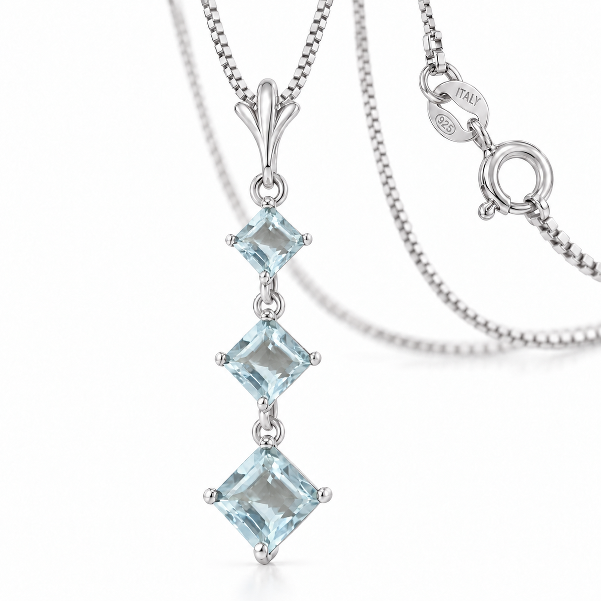 White Gold Pia natural aquamarine necklace, shown with chain and clasp detail.