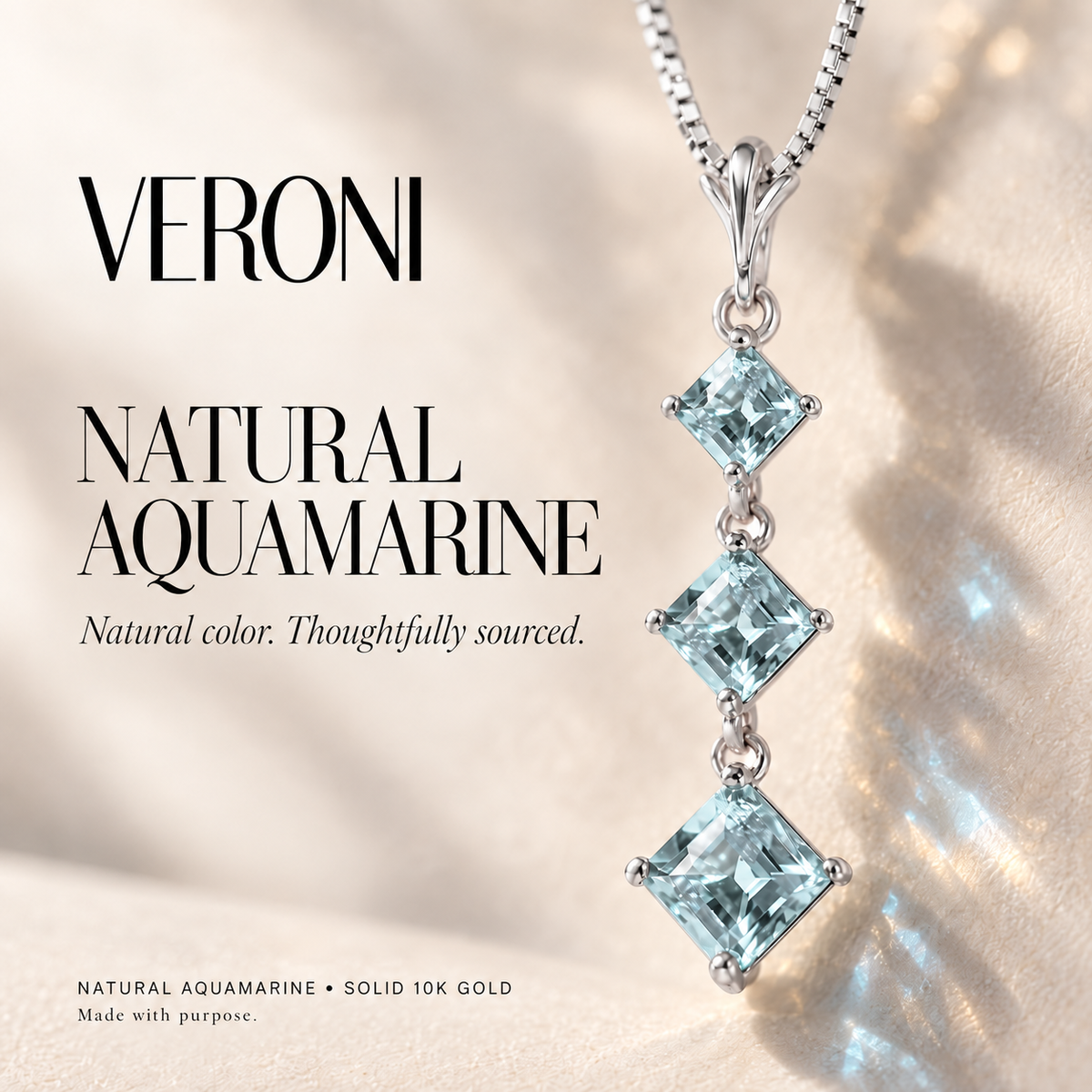 White Gold Pia natural aquamarine necklace, in a VERONI campaign.