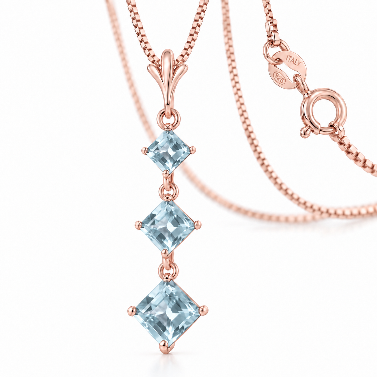 Rose Gold Pia natural aquamarine necklace, shown with chain and clasp detail.