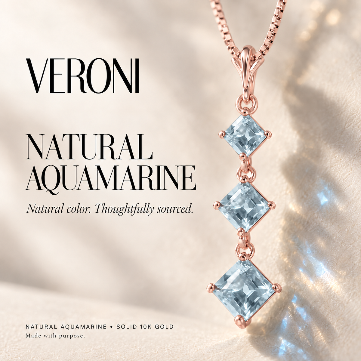 Rose Gold Pia natural aquamarine necklace, in a VERONI campaign.