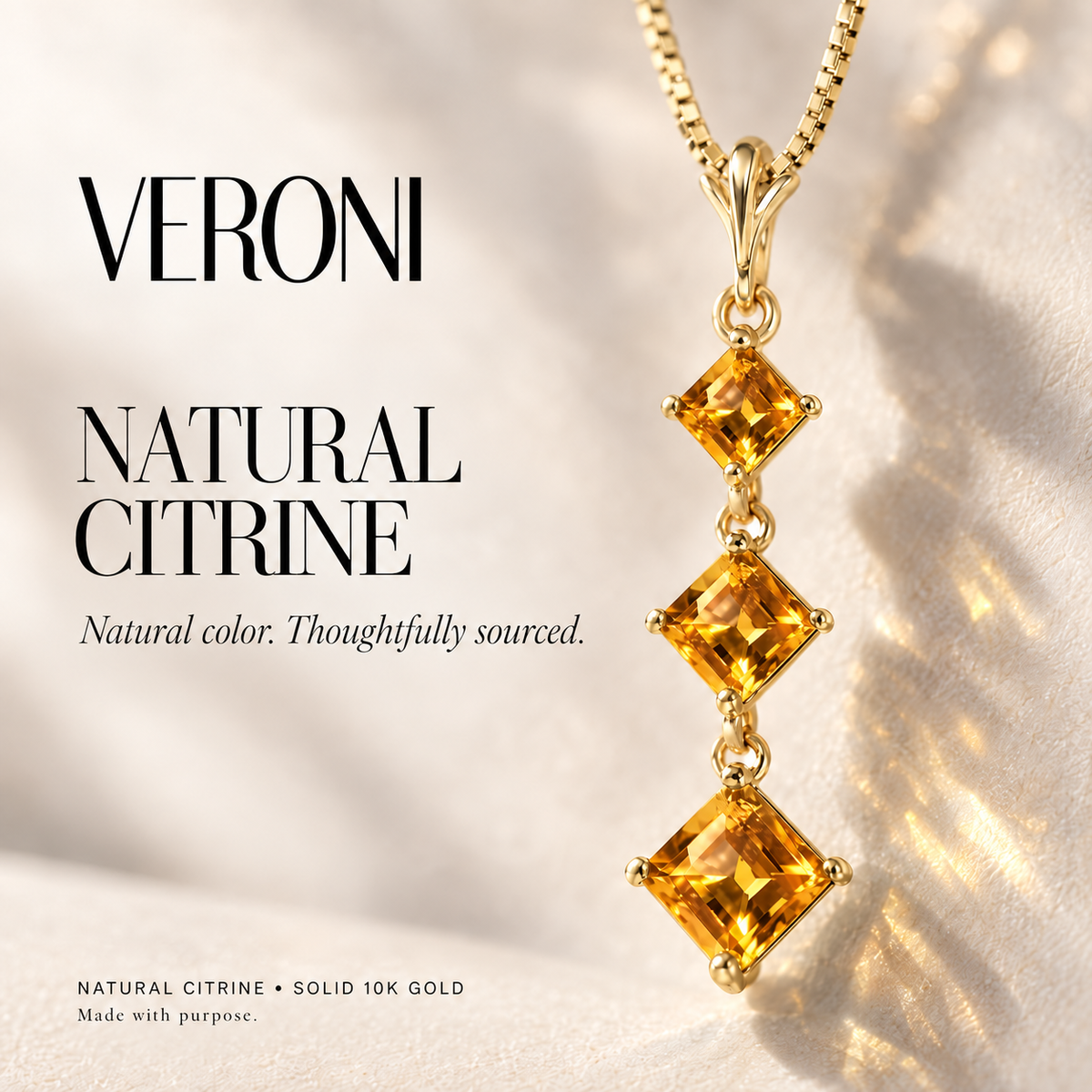 Yellow Gold Pia natural citrine necklace, in a VERONI campaign.