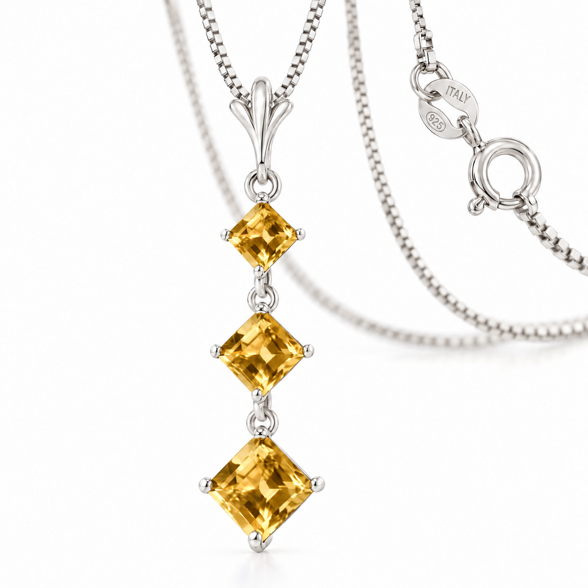 White Gold Pia natural citrine necklace, shown with chain and clasp detail.