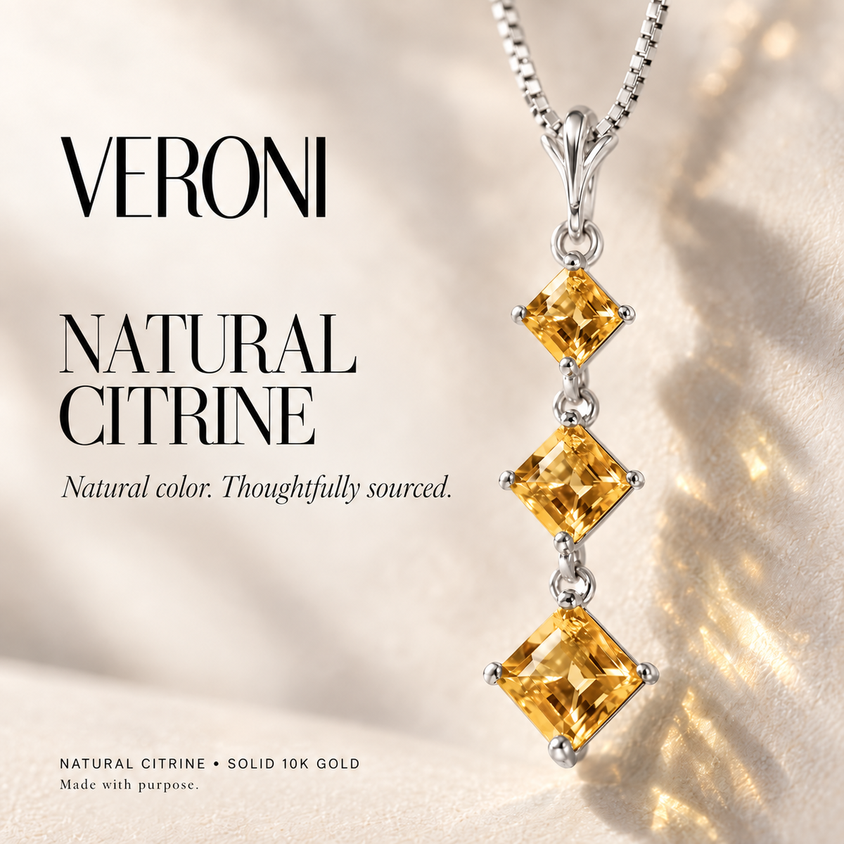 White Gold Pia natural citrine necklace, in a VERONI campaign.