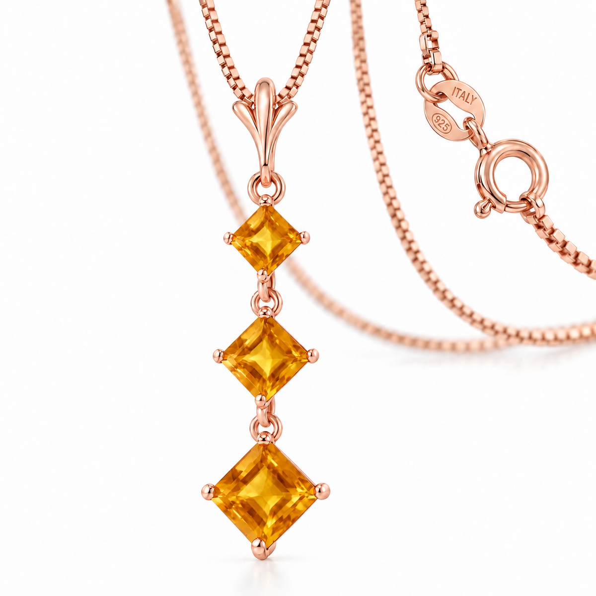 Rose Gold Pia natural citrine necklace, shown with chain and clasp detail.