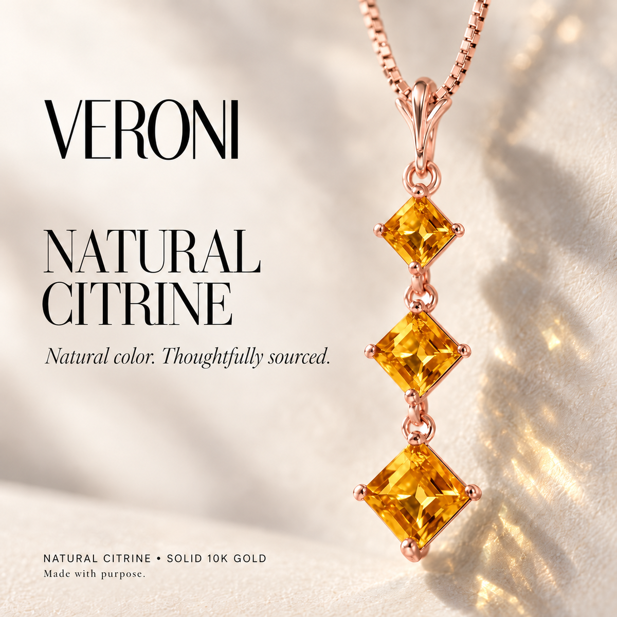 Rose Gold Pia natural citrine necklace, in a VERONI campaign.