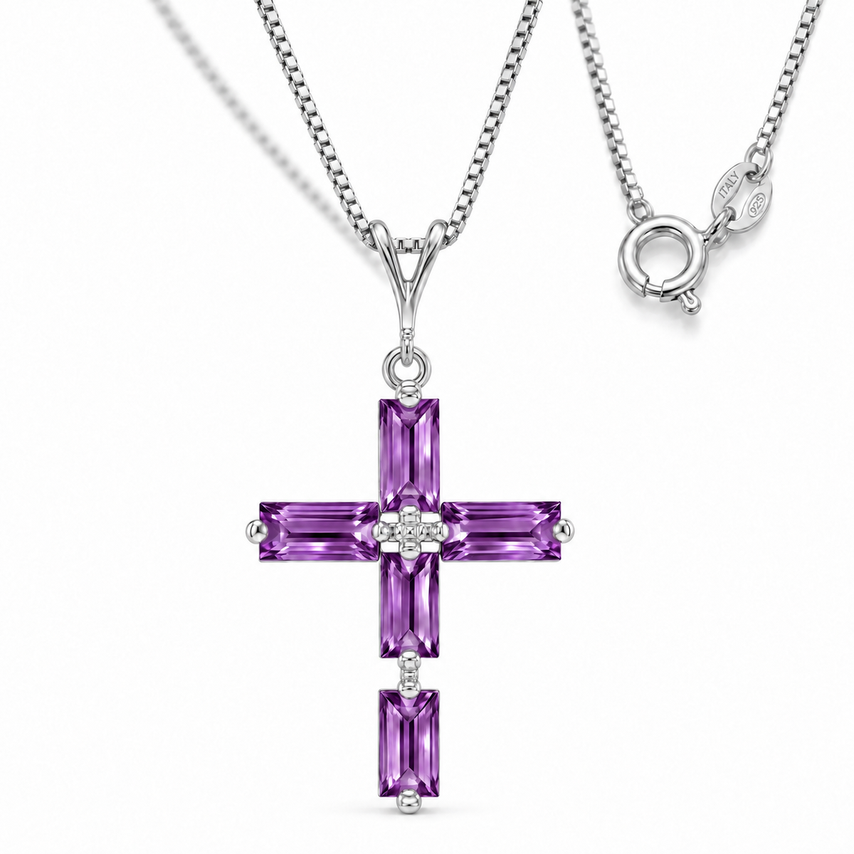 White Gold Emilia natural amethyst necklace, shown with chain and clasp detail.