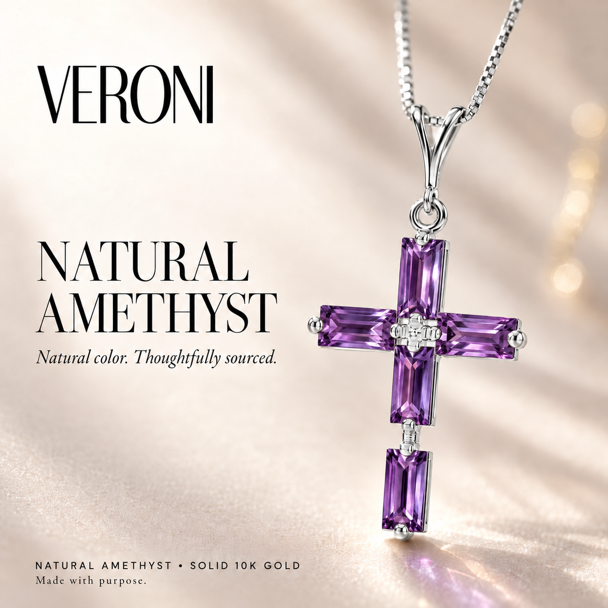 White Gold Emilia natural amethyst necklace, in a VERONI campaign.