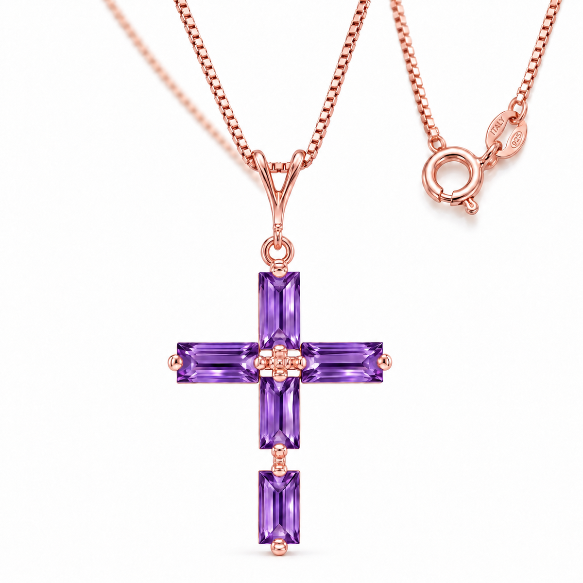 Rose Gold Emilia natural amethyst necklace, shown with chain and clasp detail.