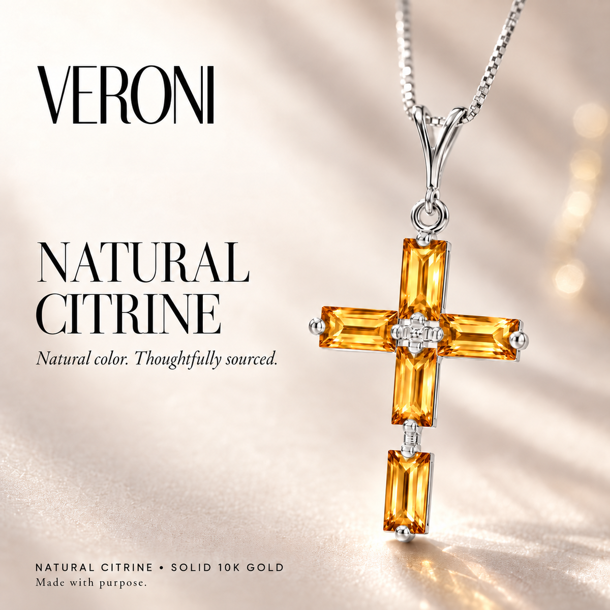 White Gold Emilia natural citrine necklace, in a VERONI campaign.