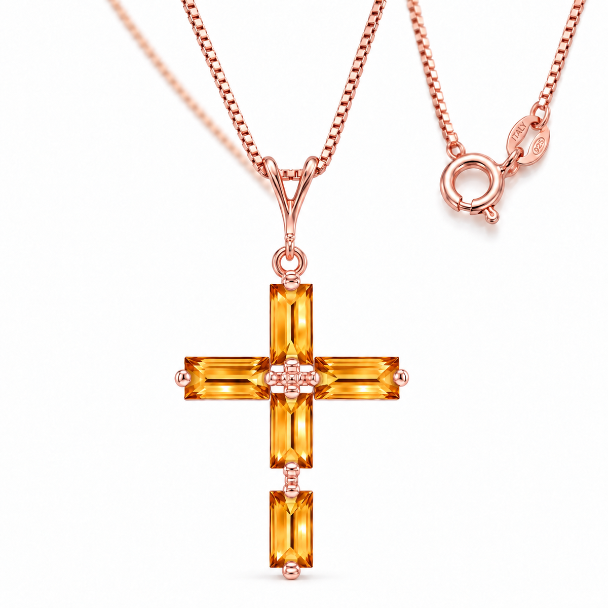 Rose Gold Emilia natural citrine necklace, shown with chain and clasp detail.