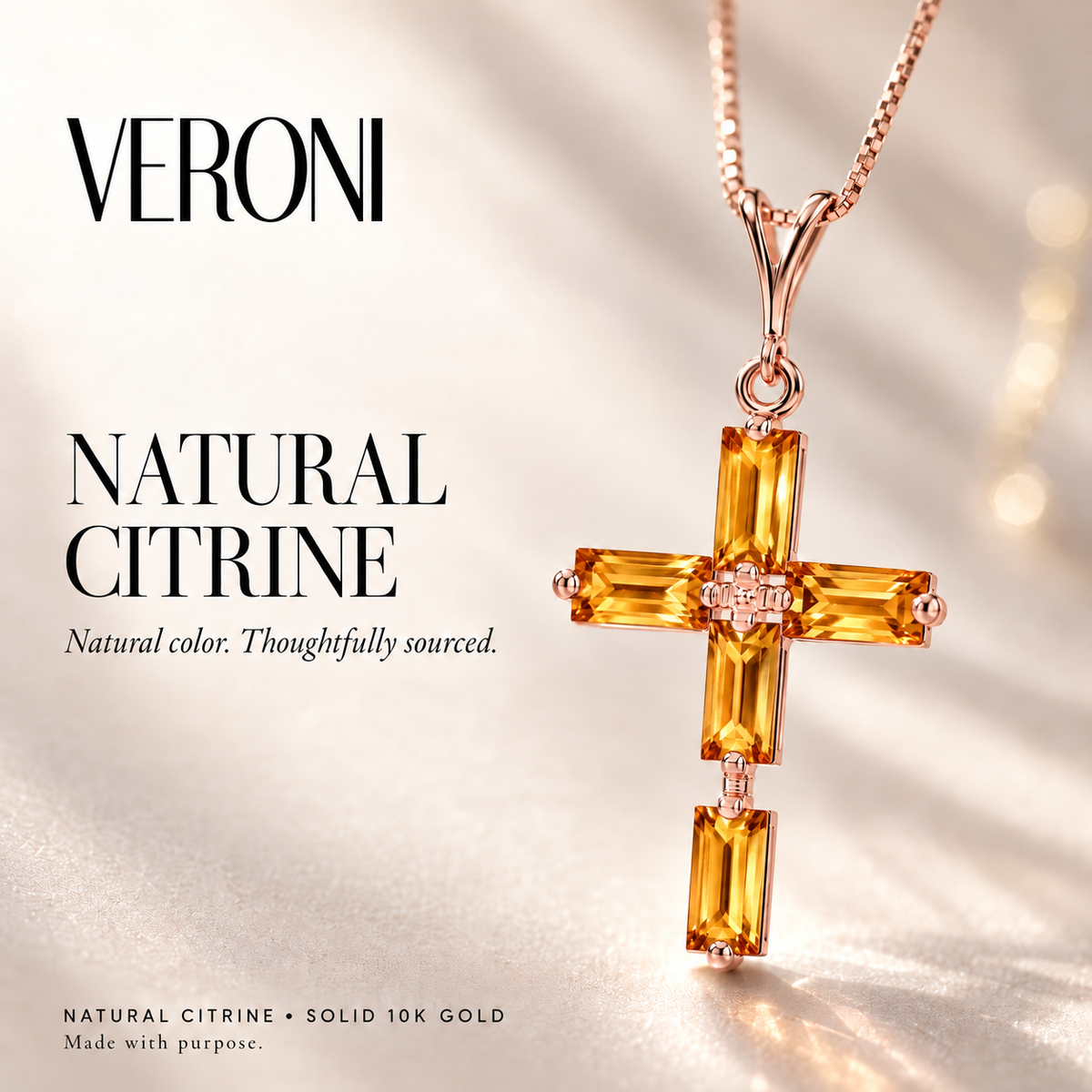 Rose Gold Emilia natural citrine necklace, in a VERONI campaign.