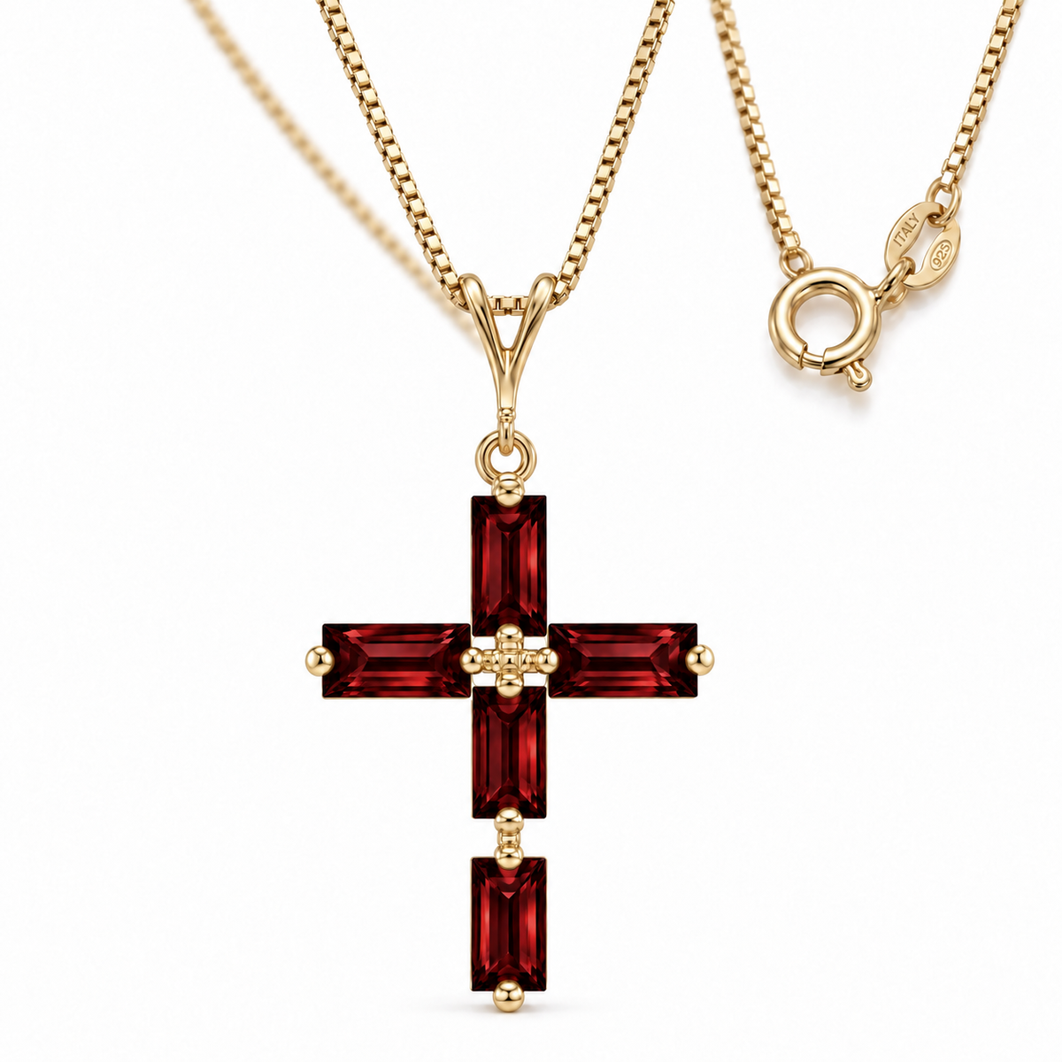 Yellow Gold Emilia natural garnet necklace, shown with chain and clasp detail.