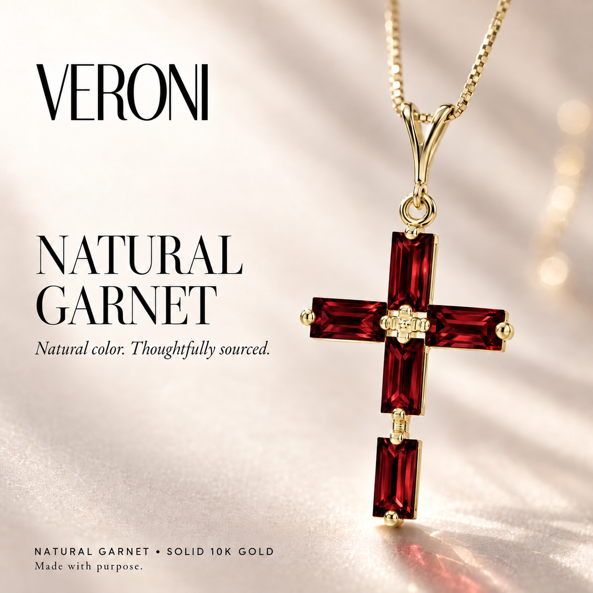 Yellow Gold Emilia natural garnet necklace, in a VERONI campaign.