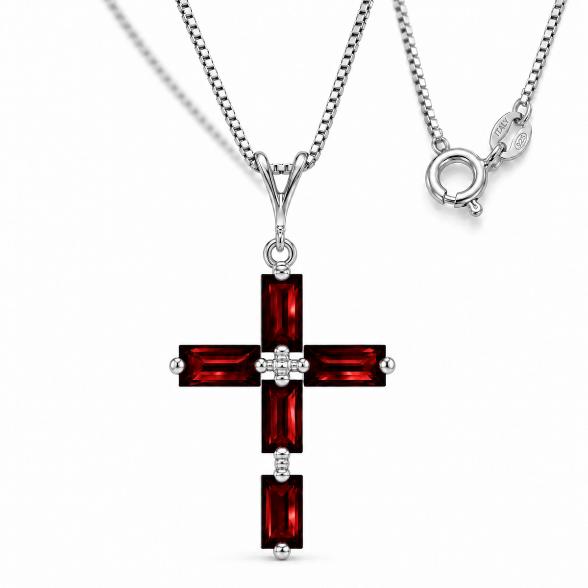 White Gold Emilia natural garnet necklace, shown with chain and clasp detail.