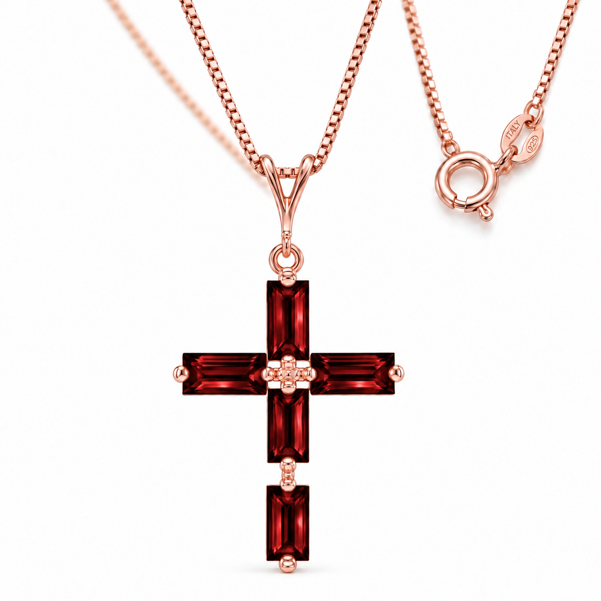Rose Gold Emilia natural garnet necklace, shown with chain and clasp detail.