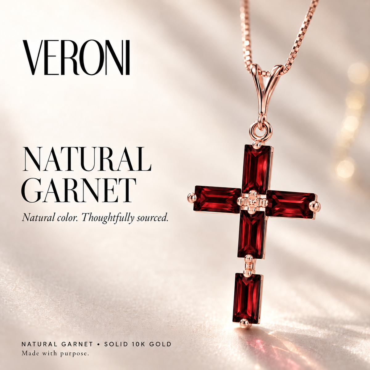 Rose Gold Emilia natural garnet necklace, in a VERONI campaign.