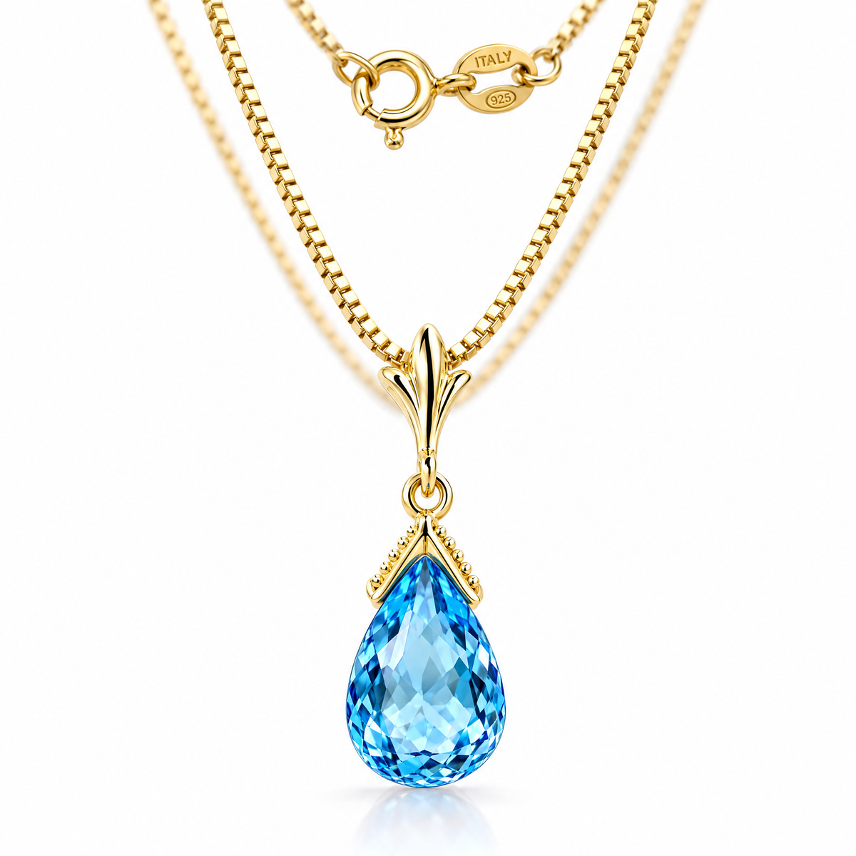 Yellow Gold Liana natural blue topaz necklace, shown with chain and clasp detail.