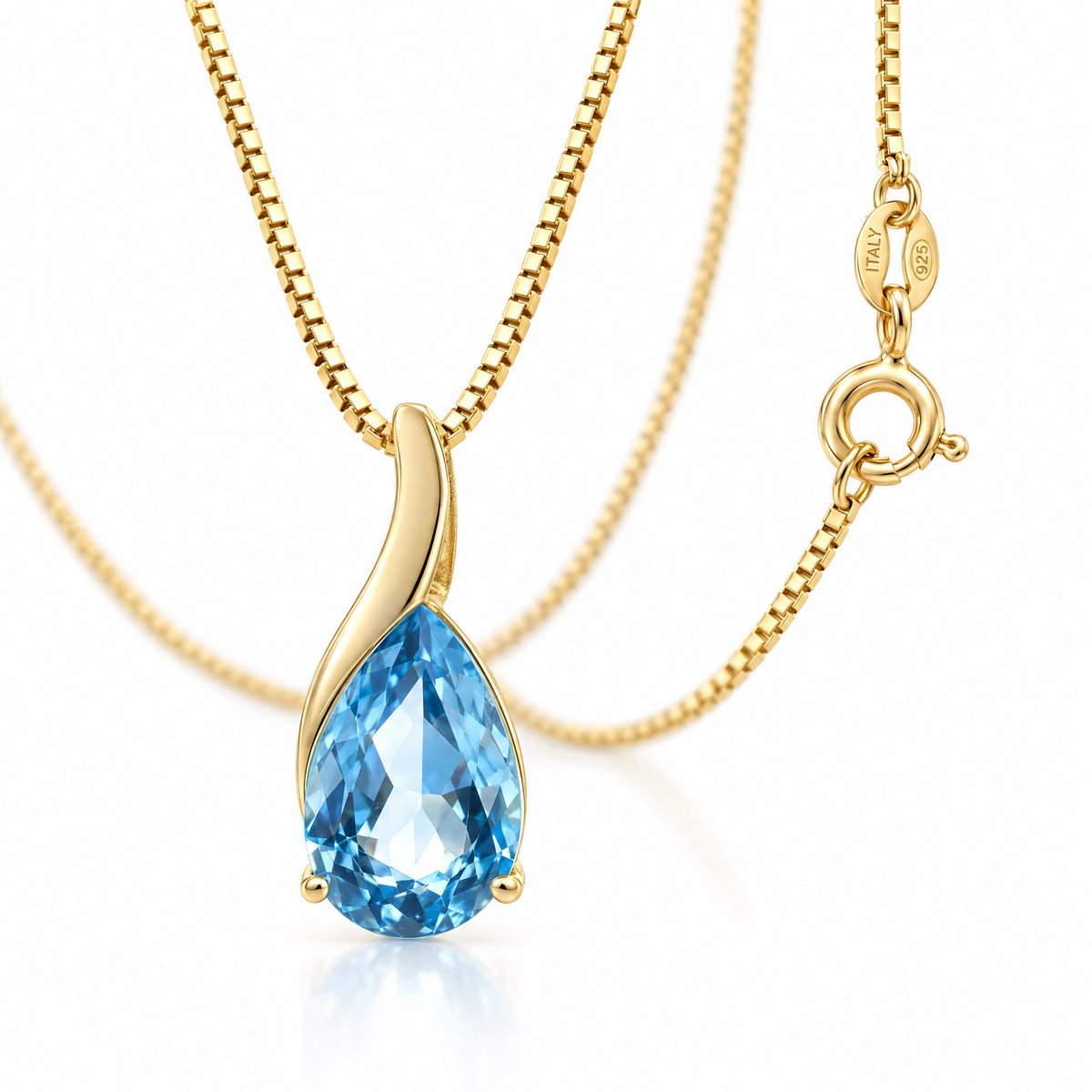 Yellow Gold Scolastica natural blue topaz necklace, shown with chain and clasp detail.