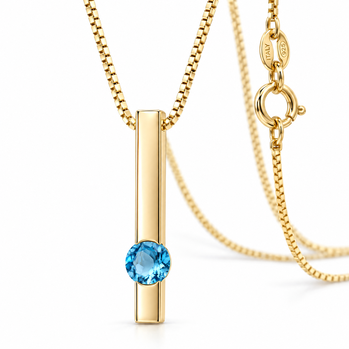 Yellow Gold Concetta natural blue topaz necklace, shown with chain and clasp detail.