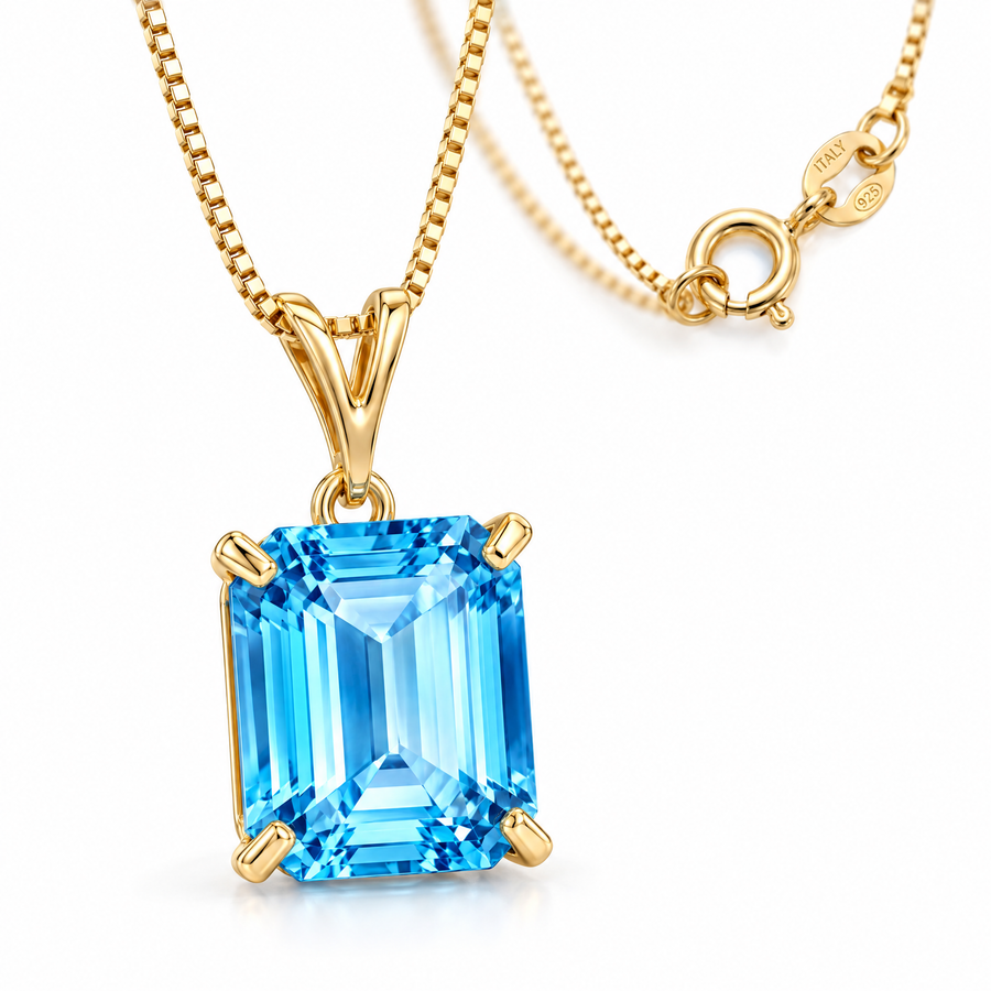 Yellow Gold Nunzia natural blue topaz necklace, shown with chain and clasp detail.