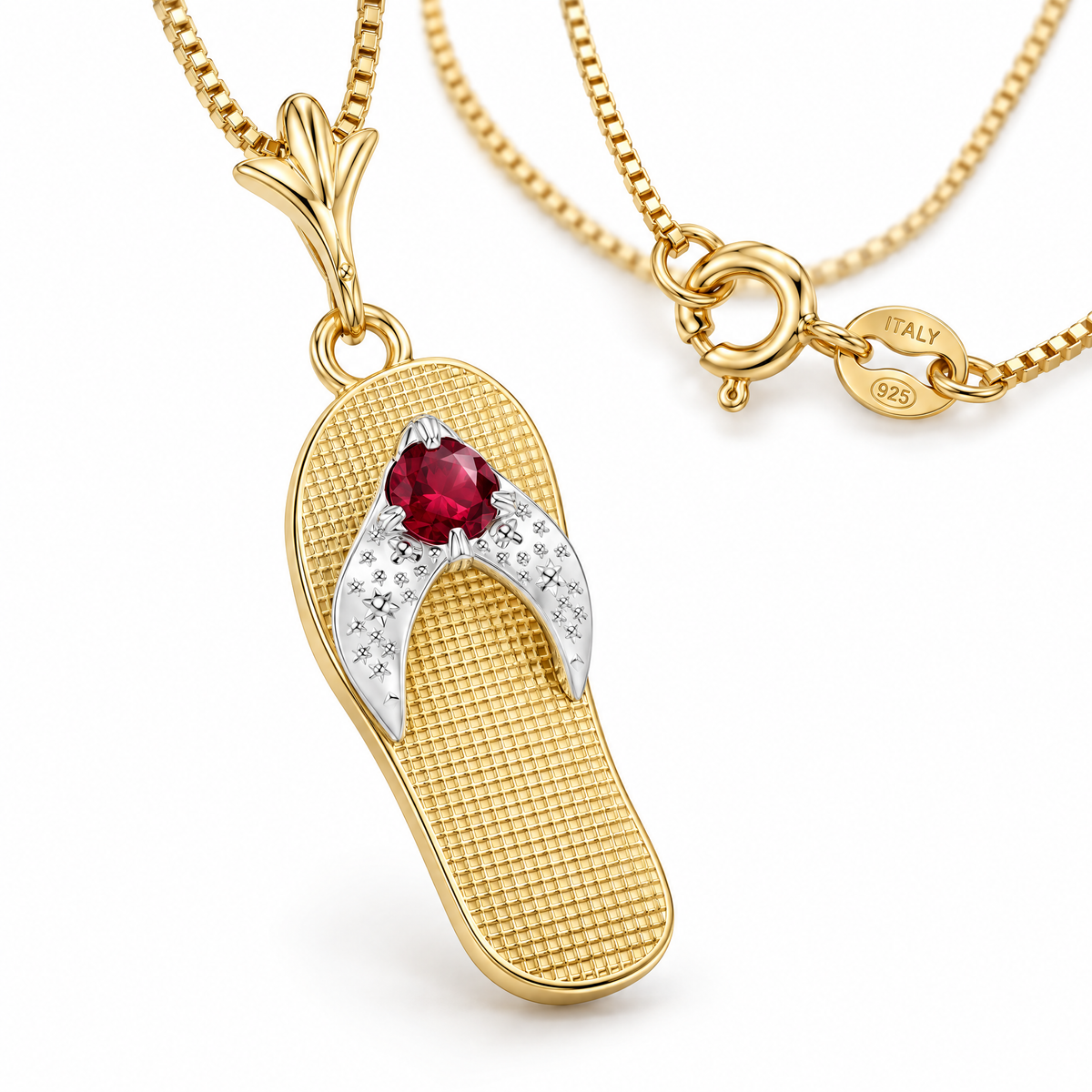 Yellow Gold Giuditta lab-grown ruby necklace, shown with chain and clasp detail.